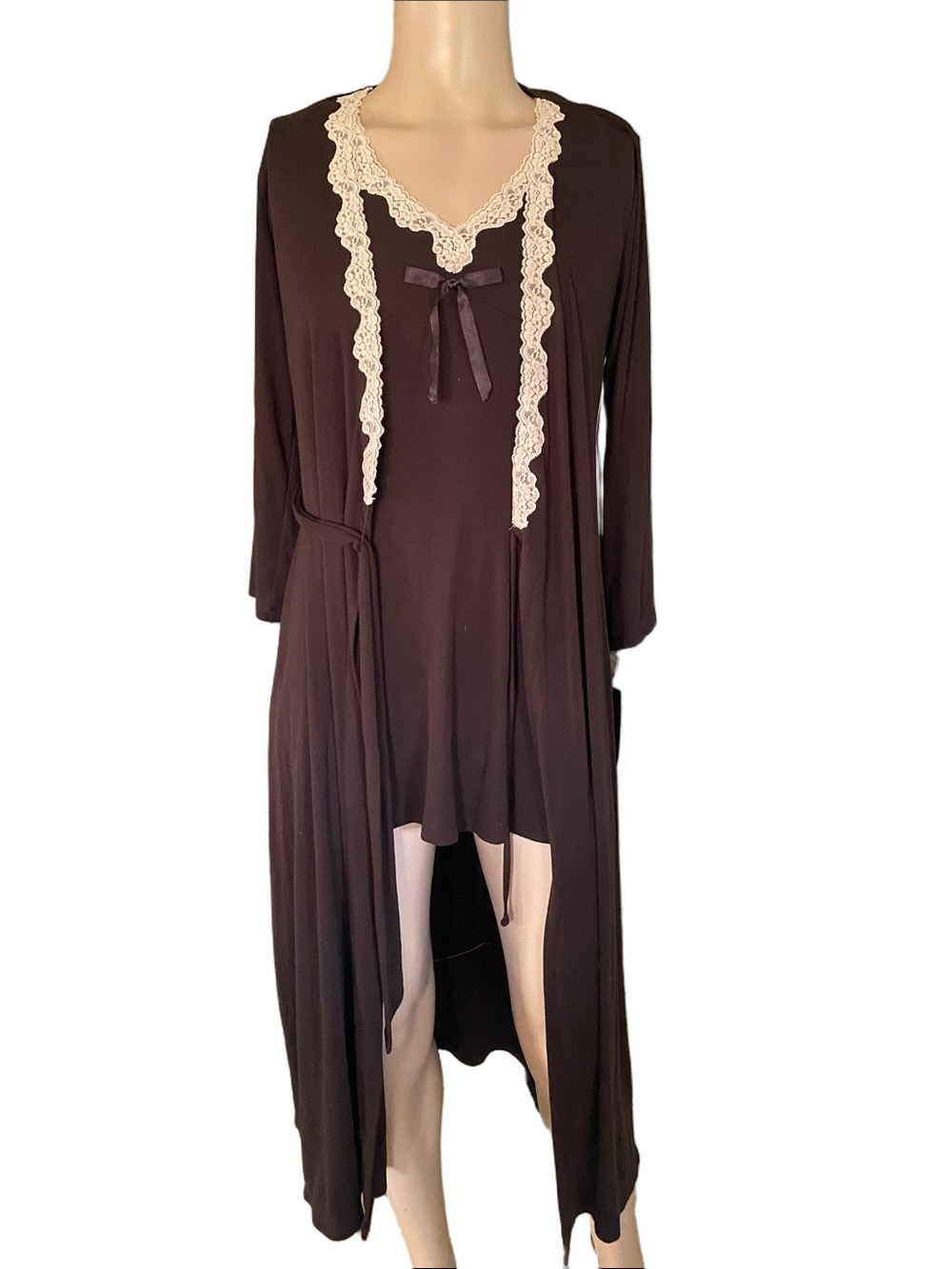 Jones New York NWT Brown Long Sleeve Nightdress and Robe Set with Cream Lace